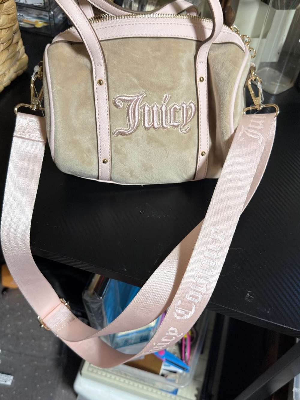 Juicy Couture Velour Mini Barrel Crossbody Bag | Taupe & Baby Pink Y2K